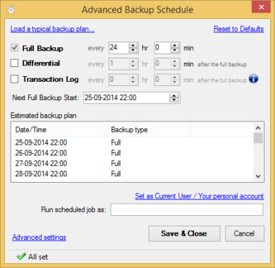 Advance Backup Schedule option in SQLBackupAndFTP