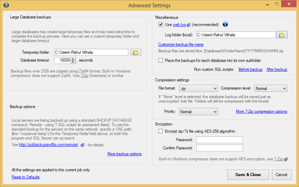 Advanced Settings in SQLBackupAndFTP