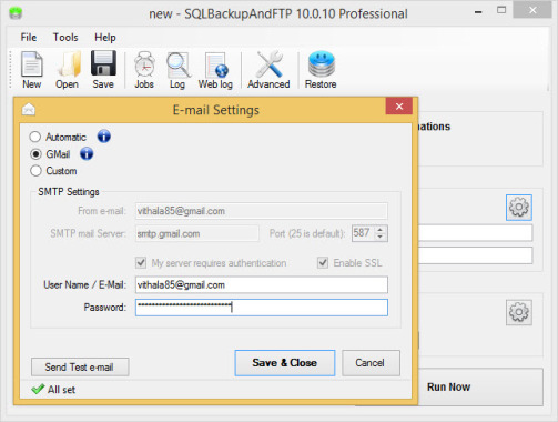 SQLBackupAndFTP Email Settings