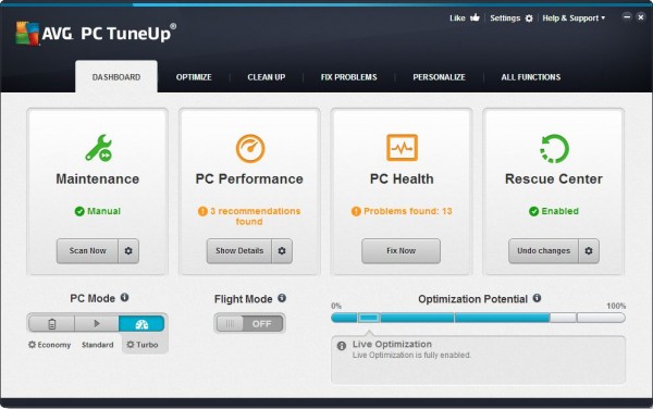 AVG PC TuneUp 2015 Main Dashboard