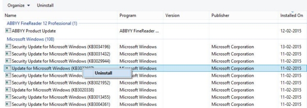 Uninstalling Update