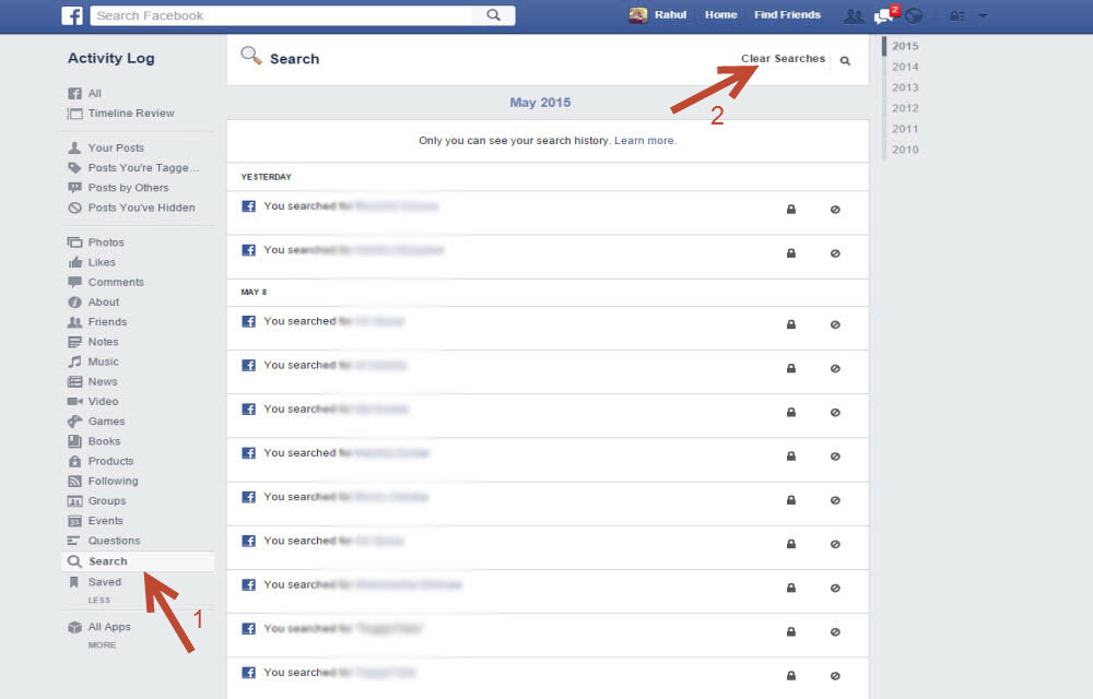 Clearing History in Facebook