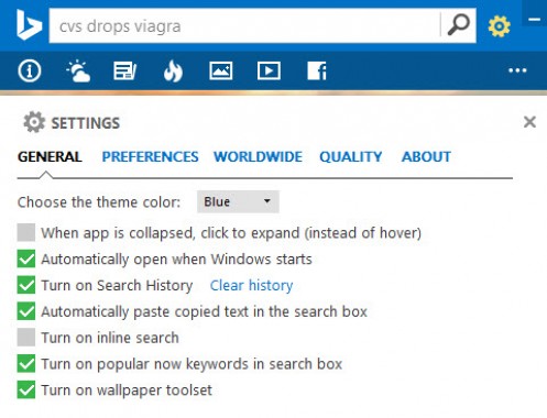 Bing Destop App Settings to change wallpaper on Windows 10