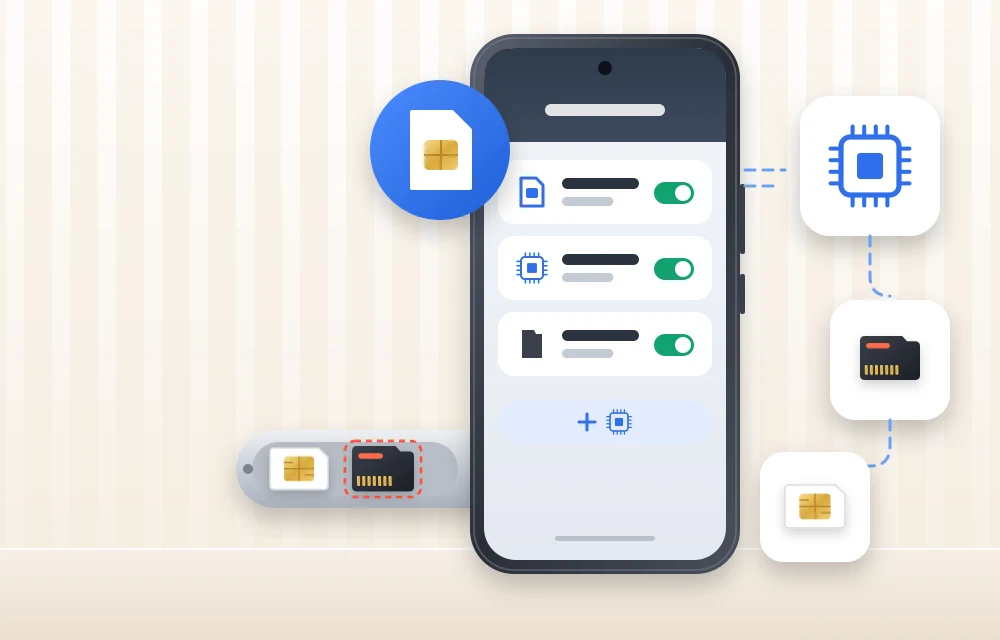 Smartphone with ejected hybrid SIM tray holding a nano SIM and microSD card, with eSIM chip