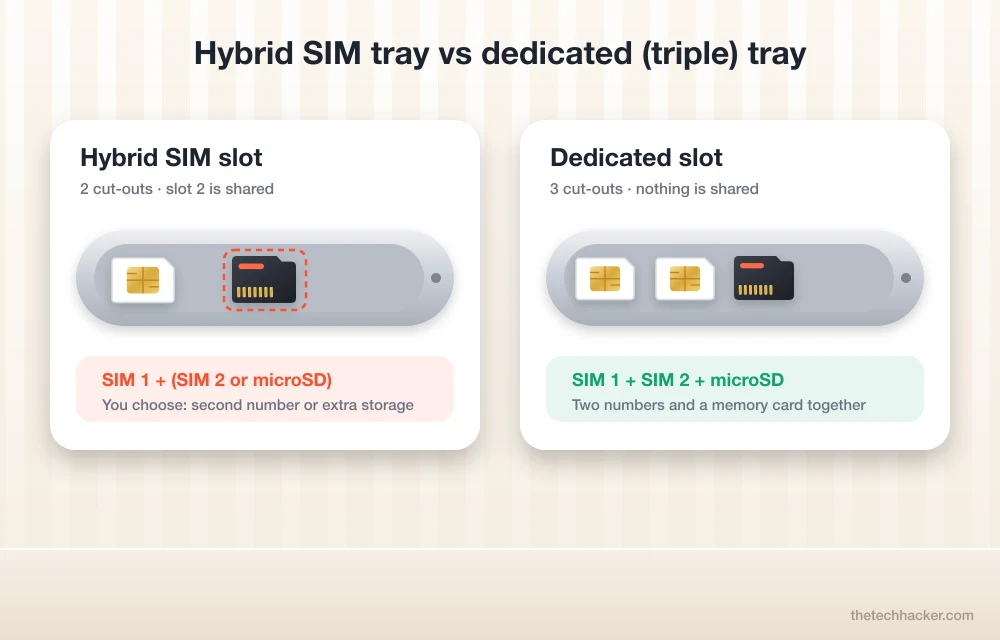 Hybrid SIM tray vs dedicated triple slot tray: SIM 1 plus SIM 2 or microSD compared with SIM 1, SIM 2 and microSD together