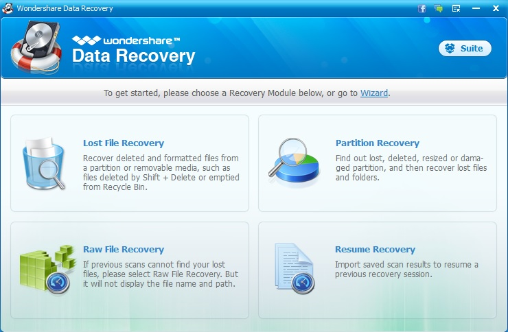 Wondershare Data Recovery Dashboard