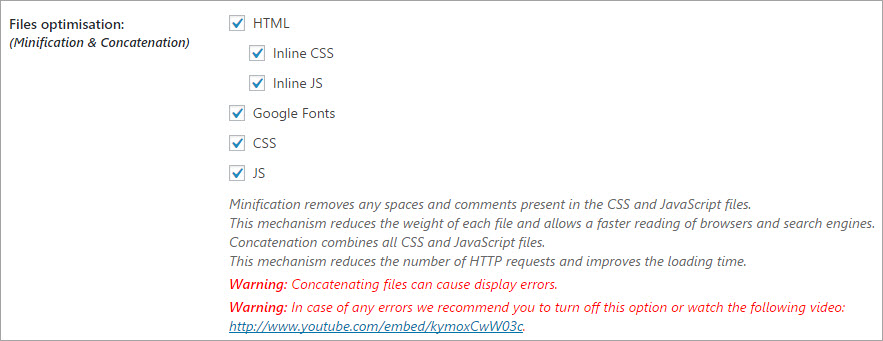 WP Rocket File Optimization Minification and Concatenation Enabled