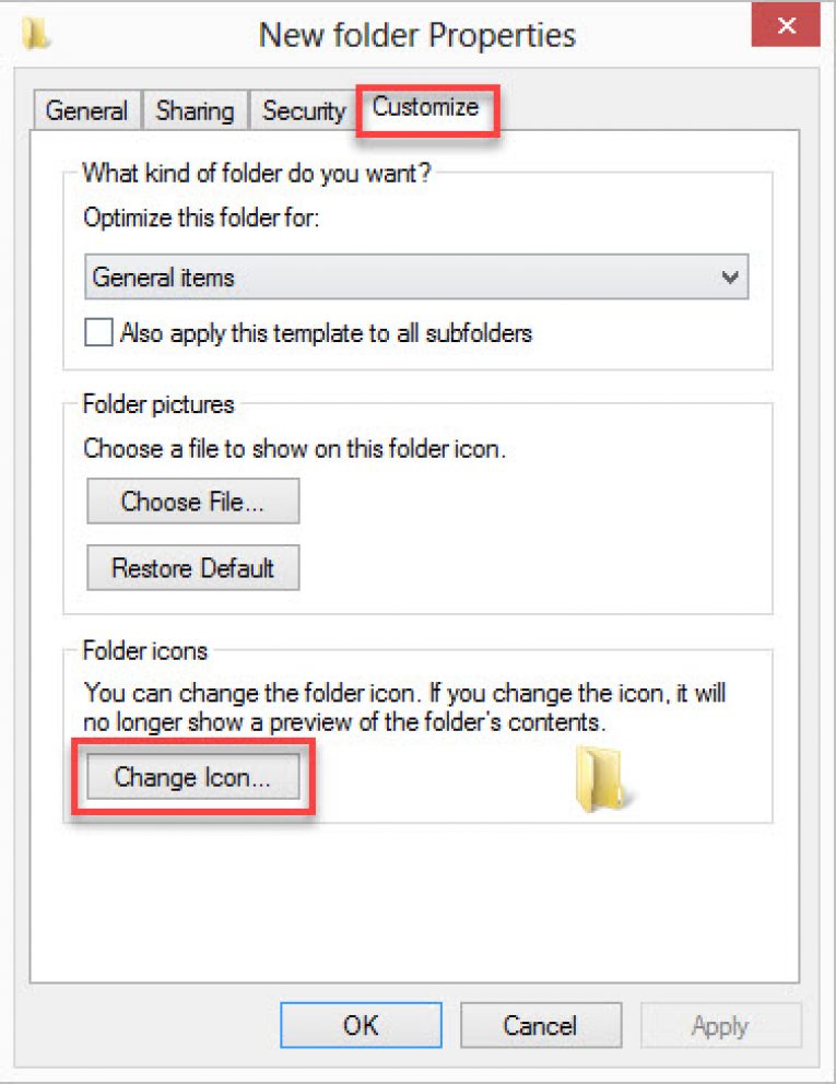 Customize tab to tweak folder icon in windows