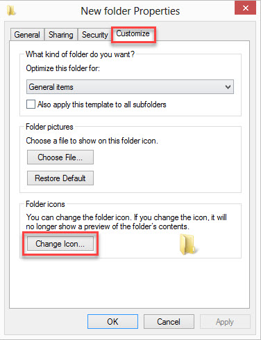 Customize tab to tweak folder icon in windows