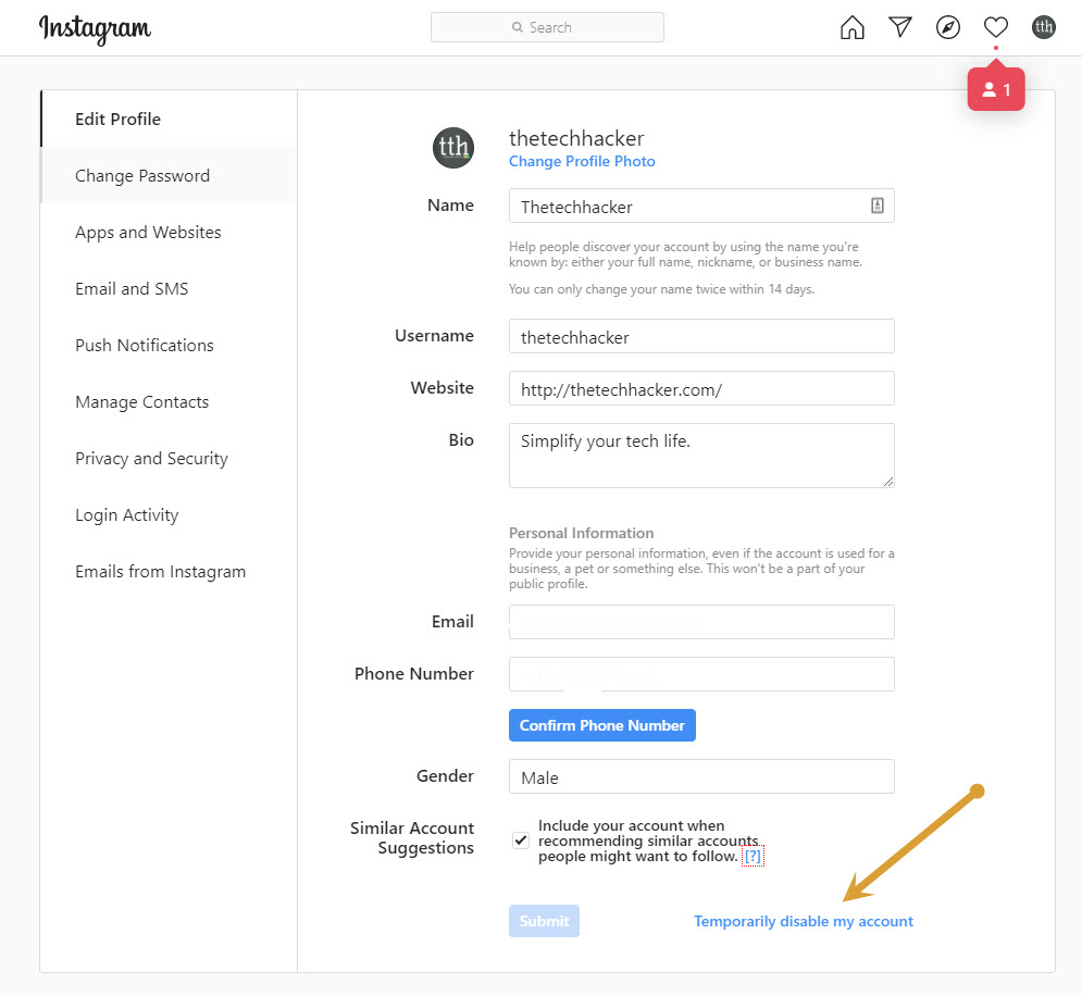 Instagram temporarily disable my account option