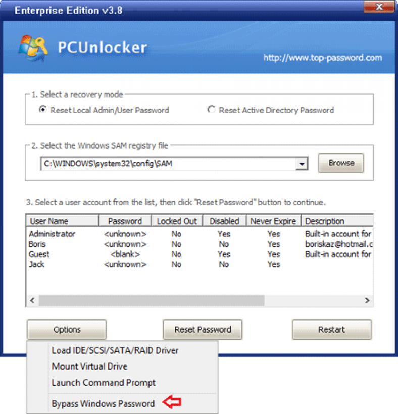 PCUnlocker Bypass Windows Password