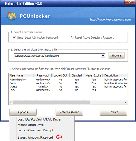 PCUnlocker Bypass Windows Password