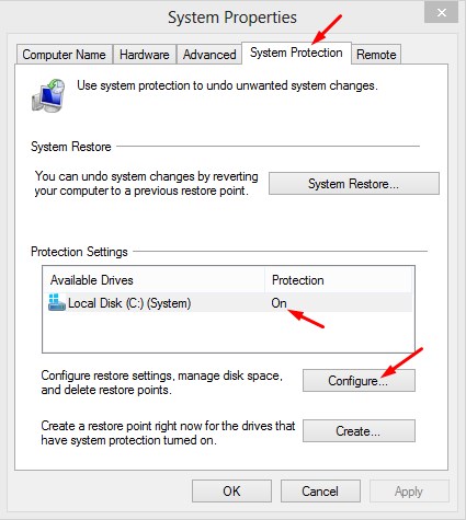 Configure System Restore in Windows 8