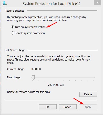 Turn on System Protection for Restore Point in Windows 8