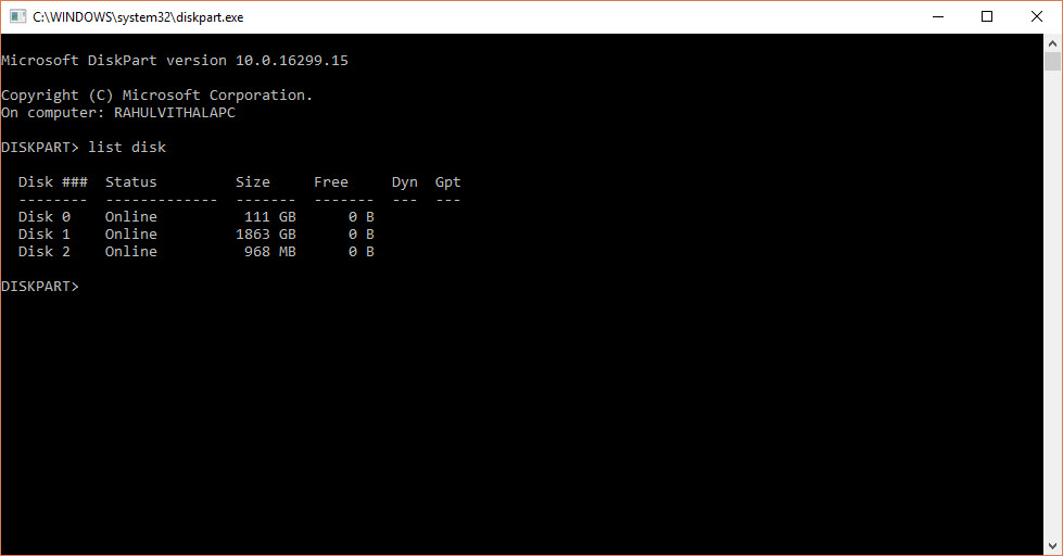 Diskpart in Command Box