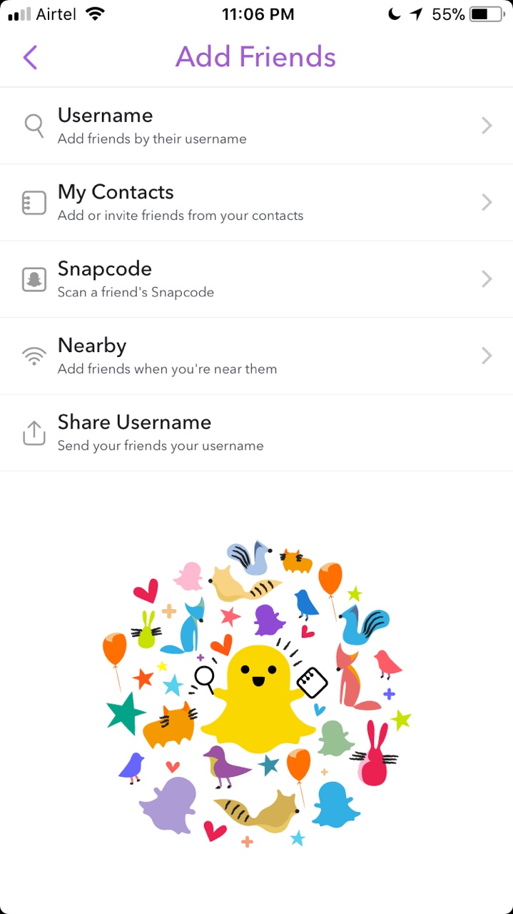 Snapchat Add friends options