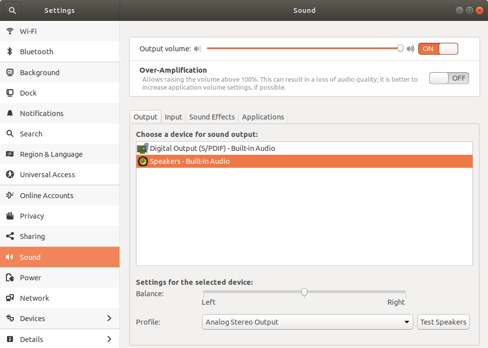 Sound Settings Window in Ubuntu
