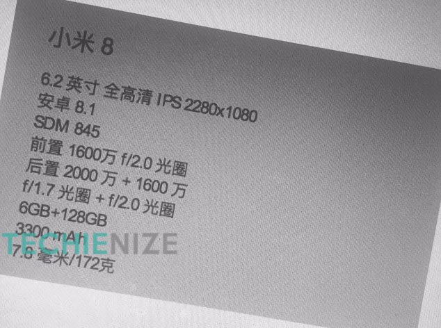 Xiaomi Mi 8 Specifications Leaked