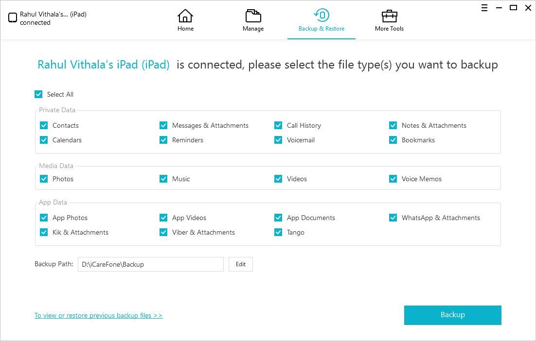 iCarefone Backup and Restore Options