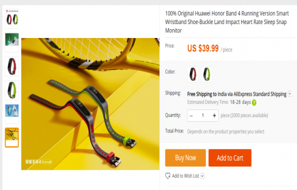 Honor Band 4 listing on AliExpress