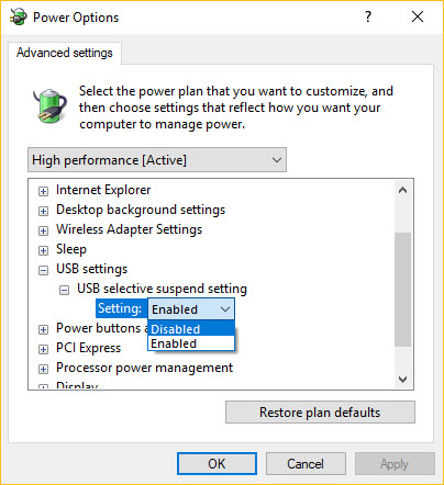 Power Options USB Settings
