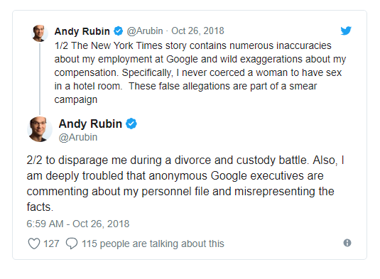 Andy Rubin's response to sexual harrasment allegations