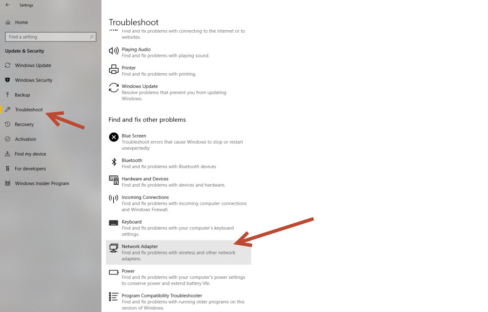 Settings > Updates and Security > Troubleshoot
