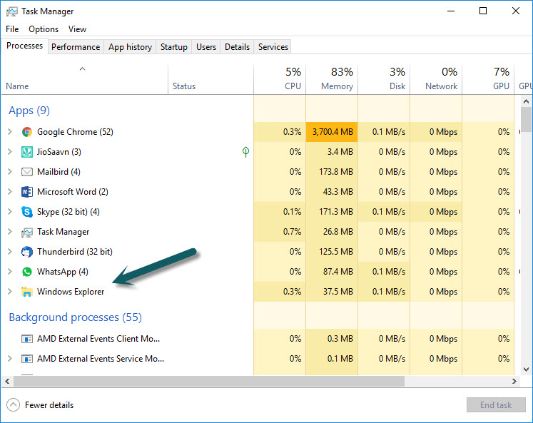 Windows Explorer Restart in Task Manager