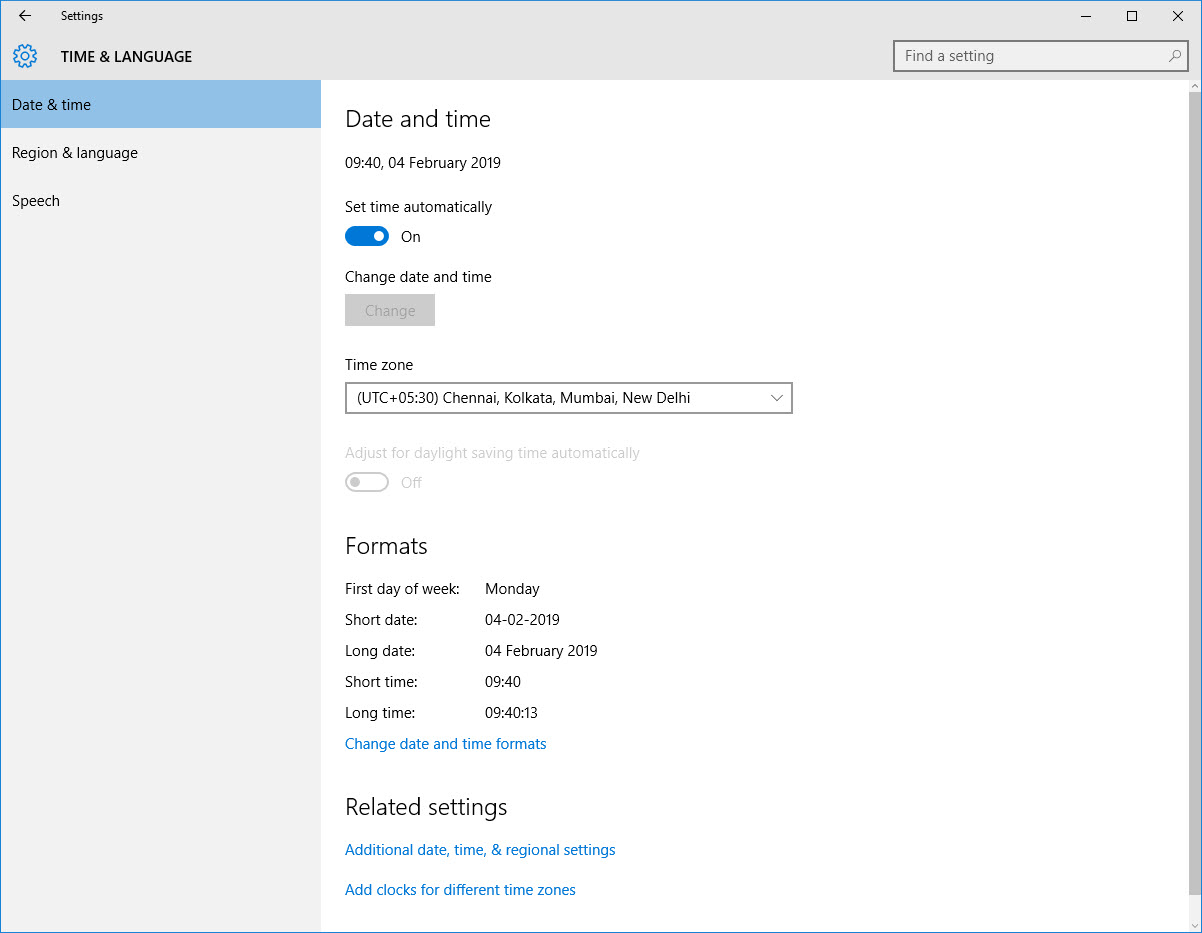 Adjust Date and Time in Windows 10