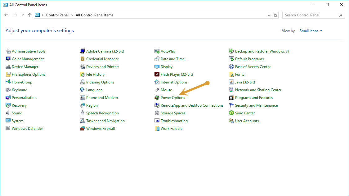 Control Panel in Small icons view