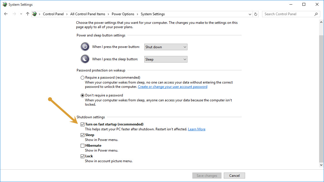 uncheck the Turn on fast Startup