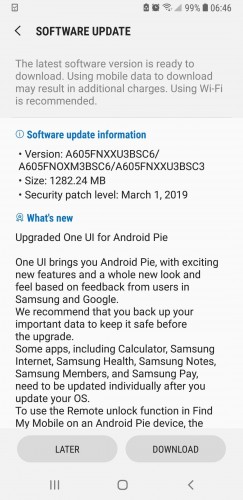 Samsung Galaxy A6+ 2018 Android Pie update