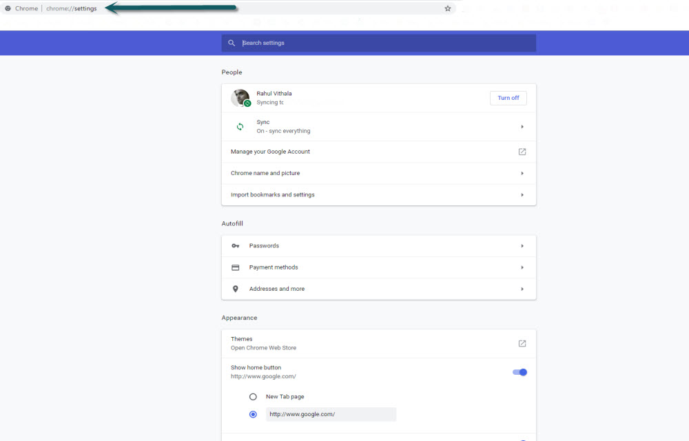 Chrome settings