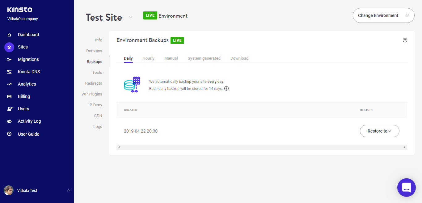 Kinsta Backups