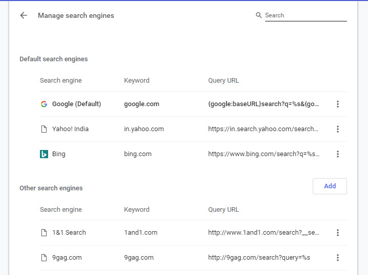 Managing Search Engines adding and removing