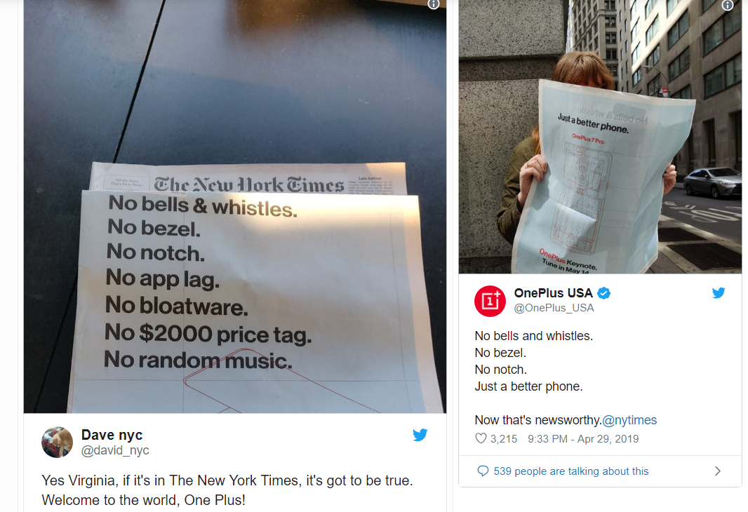 OnePlus 7 Pro promotional ads in NYT