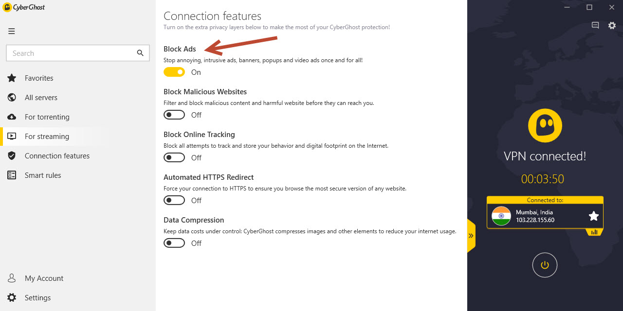CyberGhost Ad blocking feature