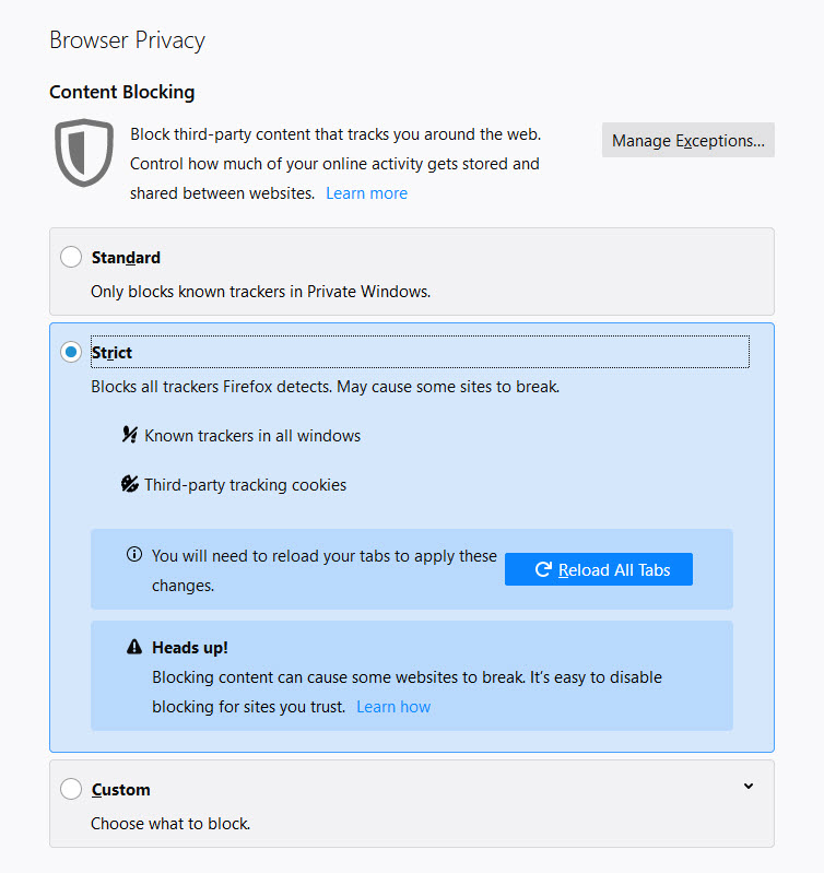 Third--party cookies blocking in Mozilla Firefox