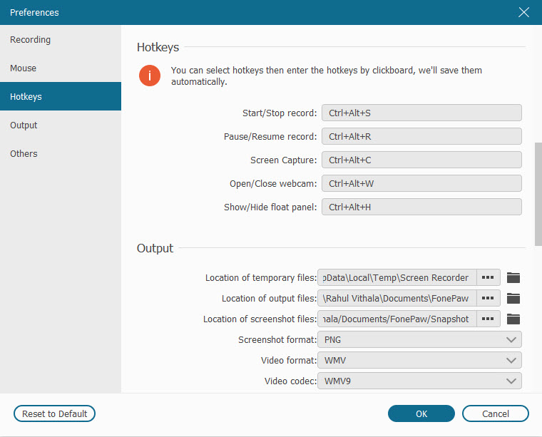 FonePaw Screen Recorder Hotkeys customization