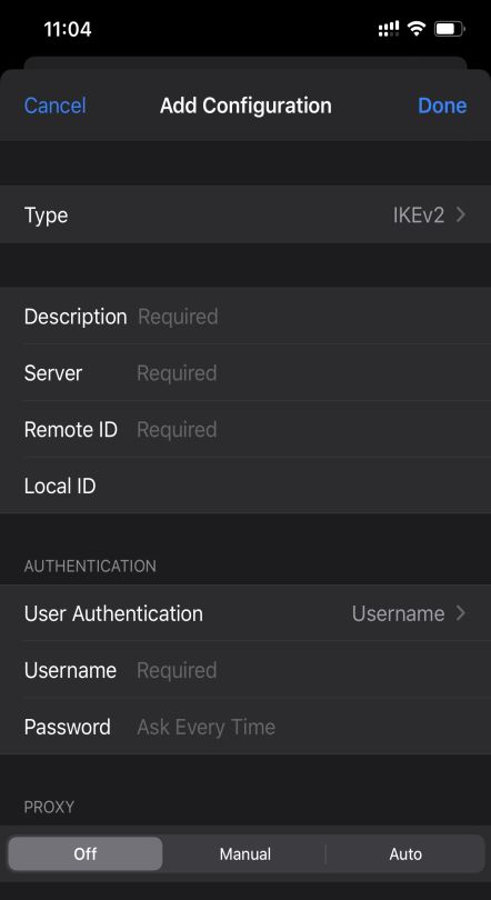 Adding VPN configuration on iPhone