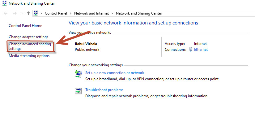 Change advanced sharing settings option in control panel