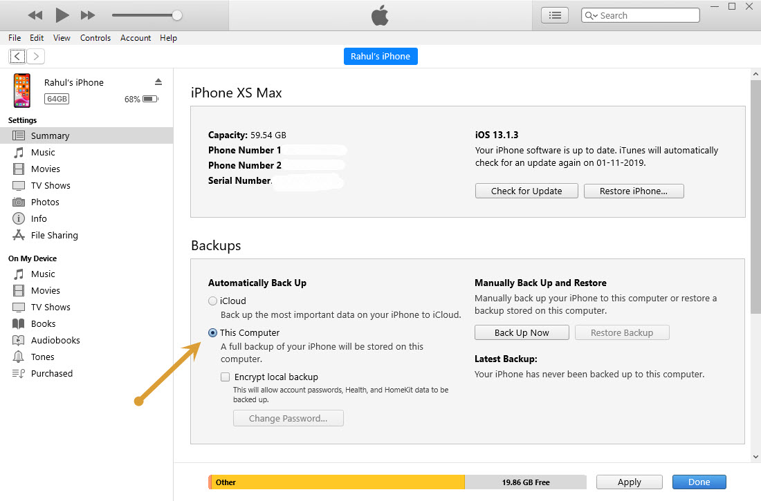 Creating a backup of iPhone using iTunes