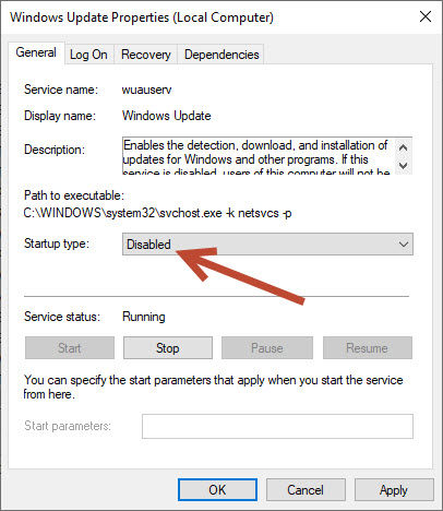 Disabling wuauserv in Properties
