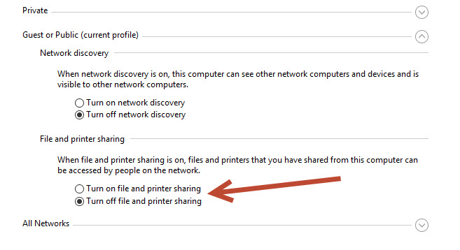 File and Printer sharing options