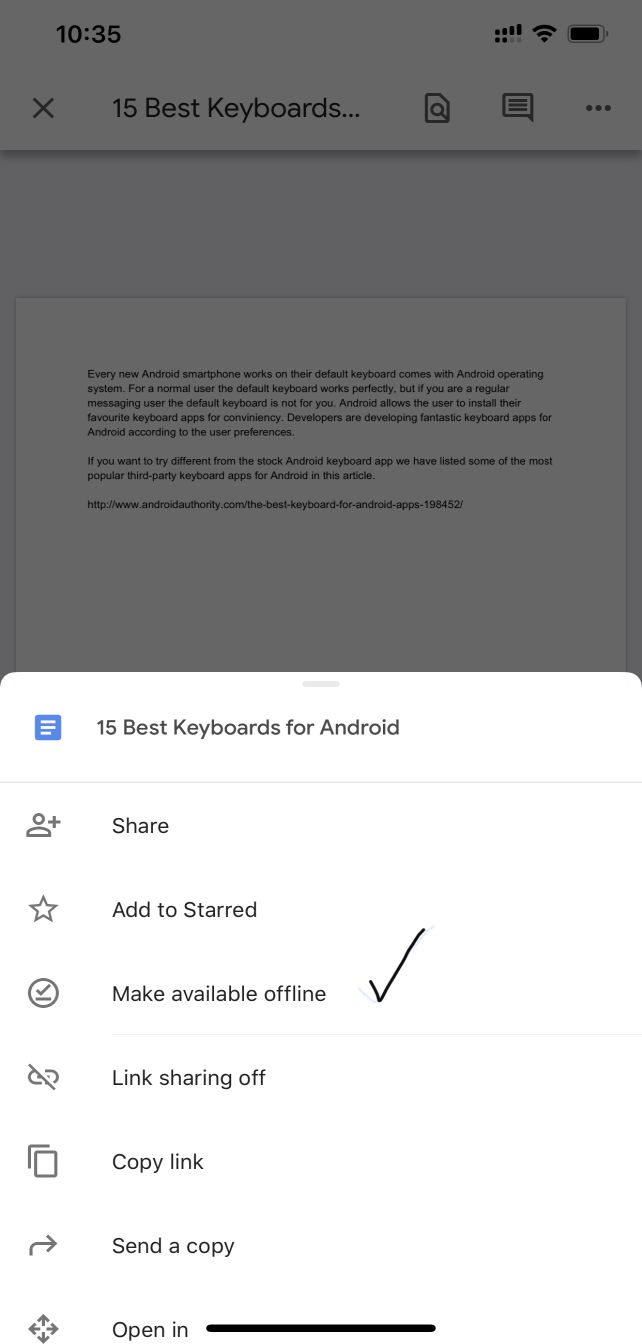Image of Google Doc making offline in mobile