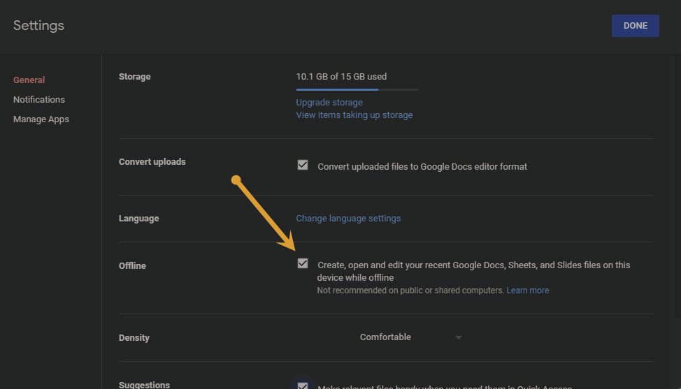 Image of Google Drive settings to make docs offline use