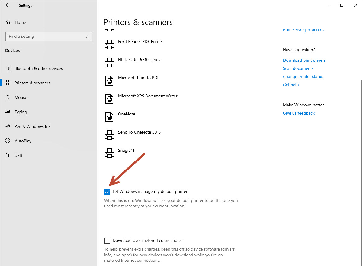 Let Windows manage my default printer option in Windows