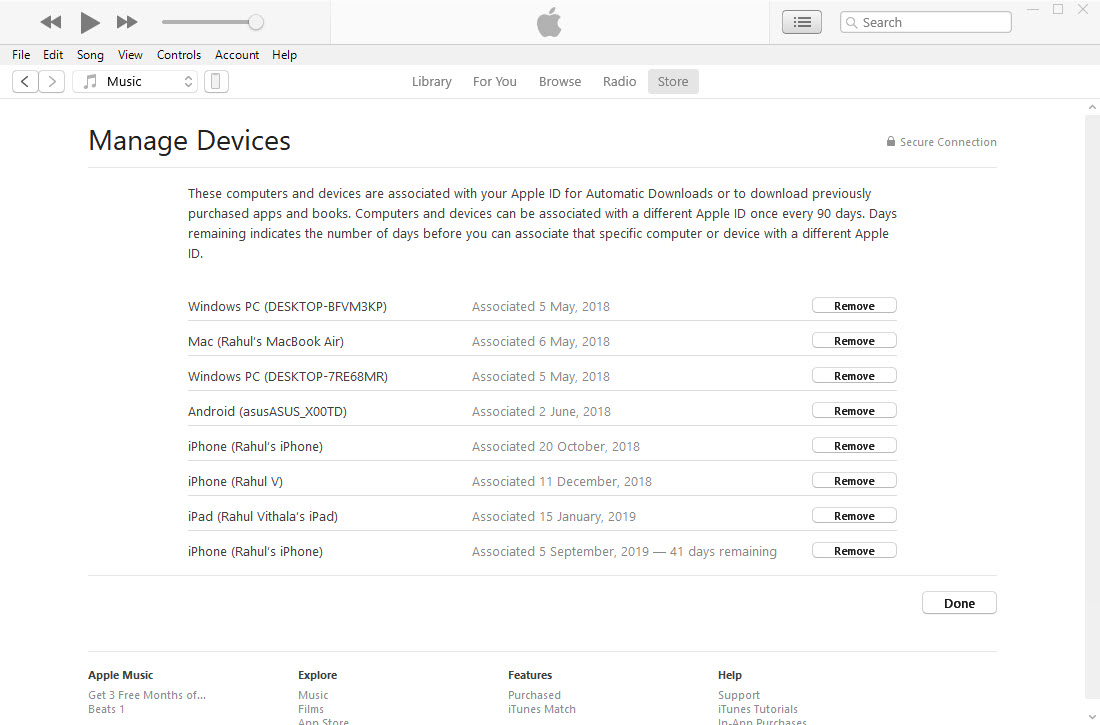 List of devices assosiated with iTunes ID