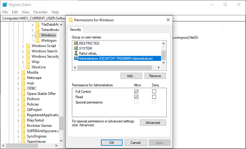 Permissions giving to the Administrators account