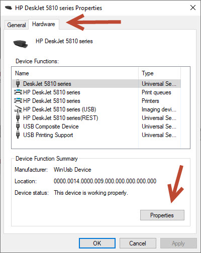 Printer Properties-hardware tab